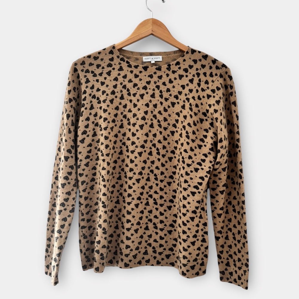 SCOTT & SCOTT LONDON Tan Mini Heart Print Crewneck Cashmere Sweater L
